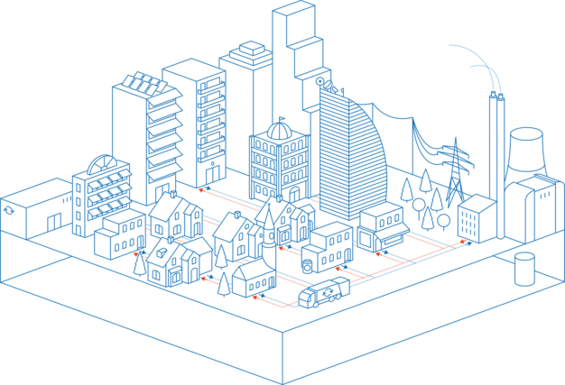 Illustration över en stadskärna med fjärrvärme